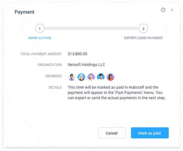 Hubstaff payments dialog