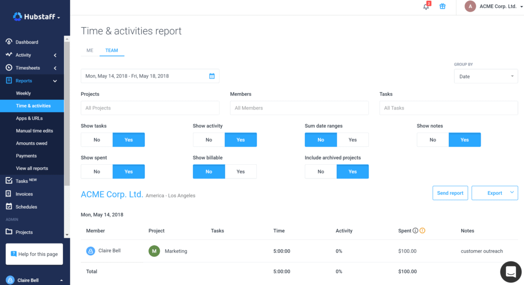 screenshot of hubstaff dashboard