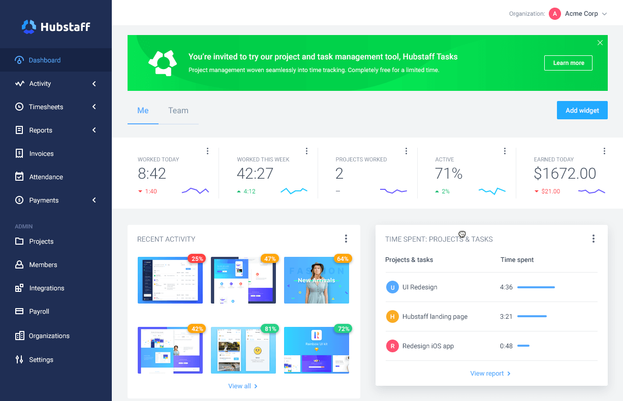 dashboard for hubstaff web app