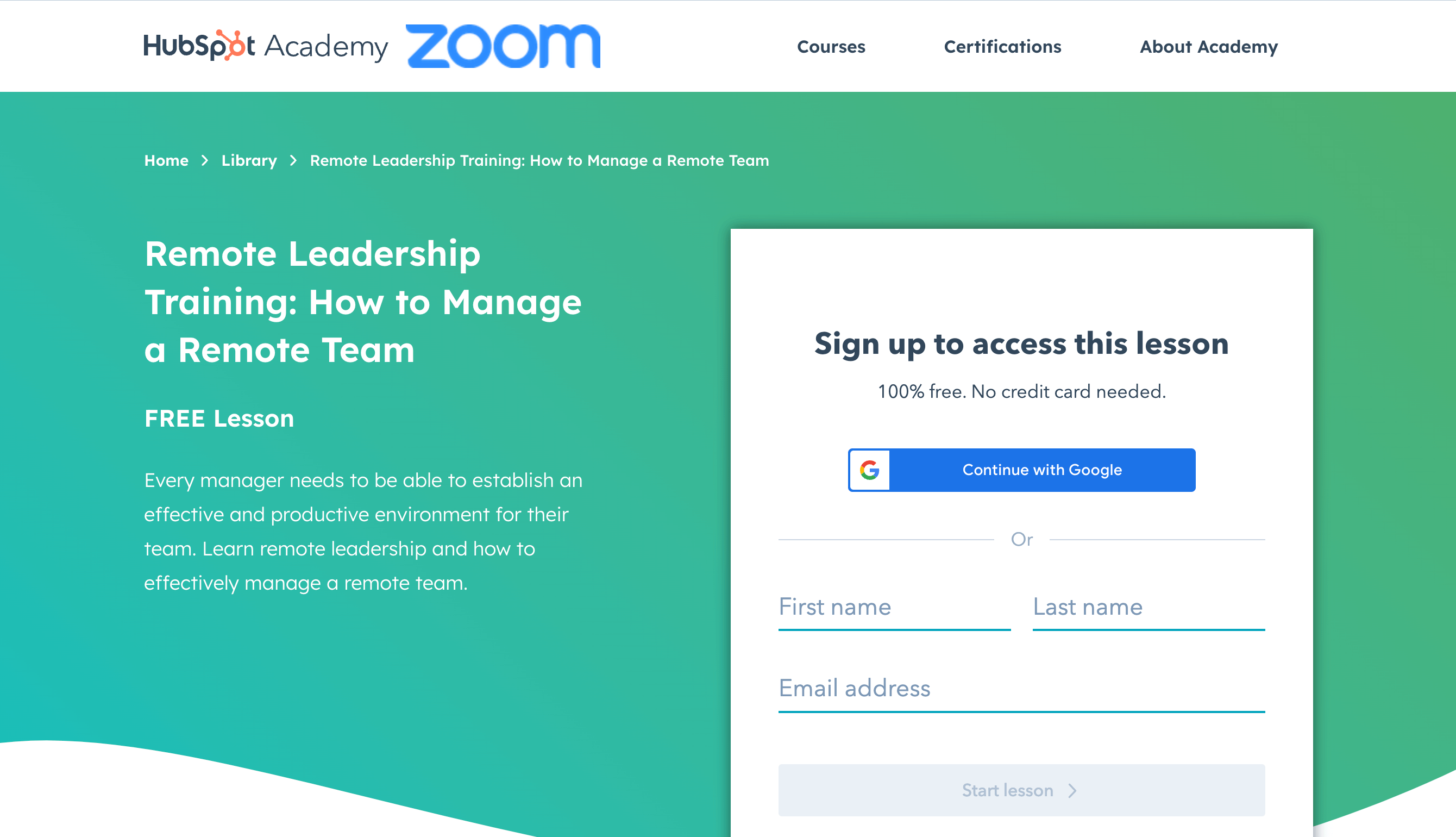 A screenshot of the Remote Leadership Training: How to Manage a Remote Team course presented by Hubspot Academy and Zoom.