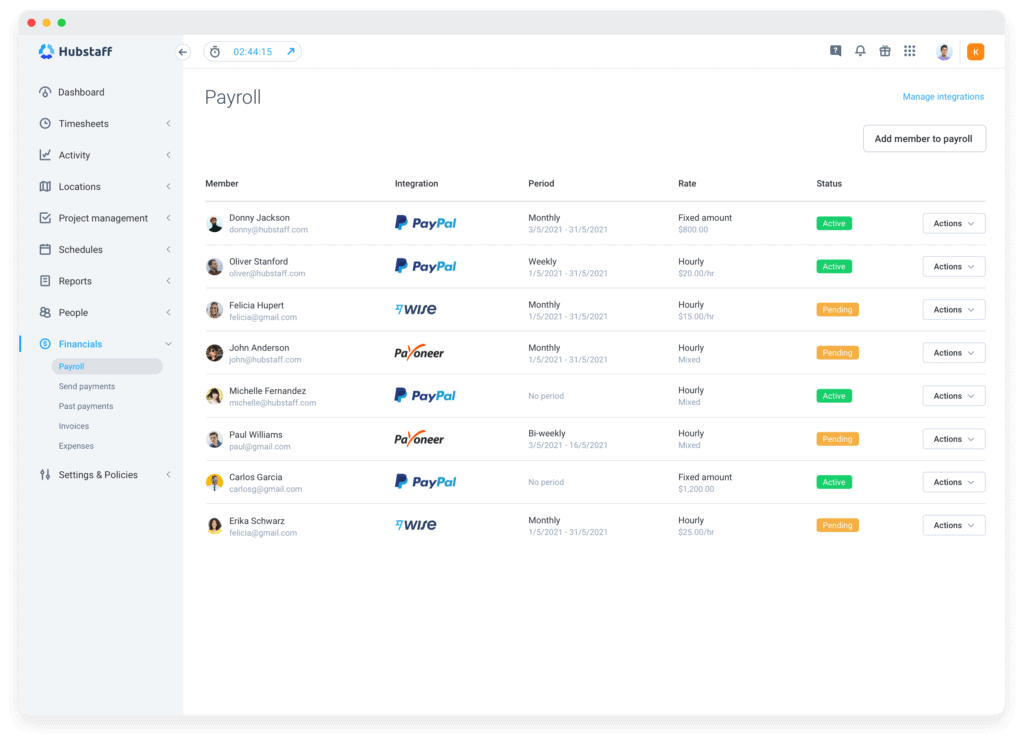 Hubstaff payroll integrations