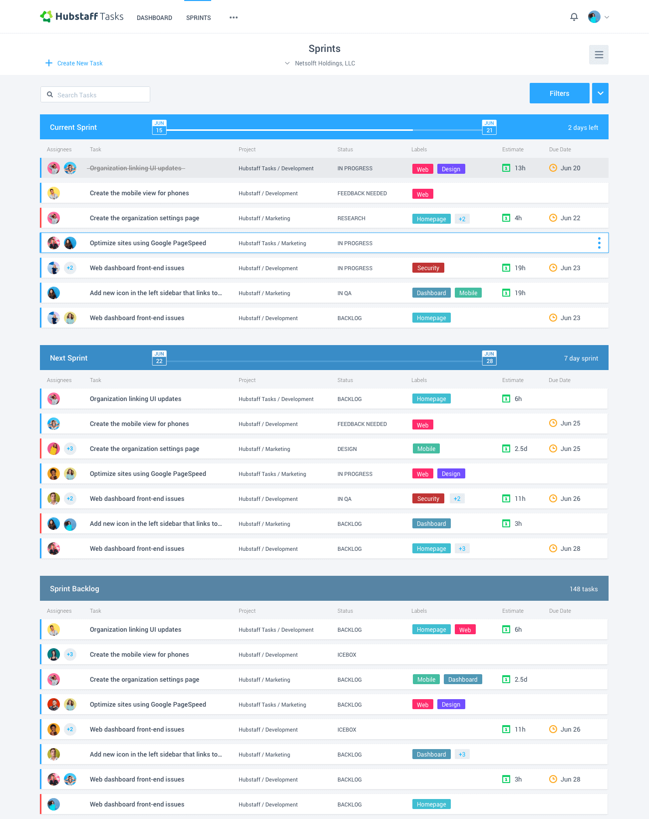 Hubstaff Tasks sprint view