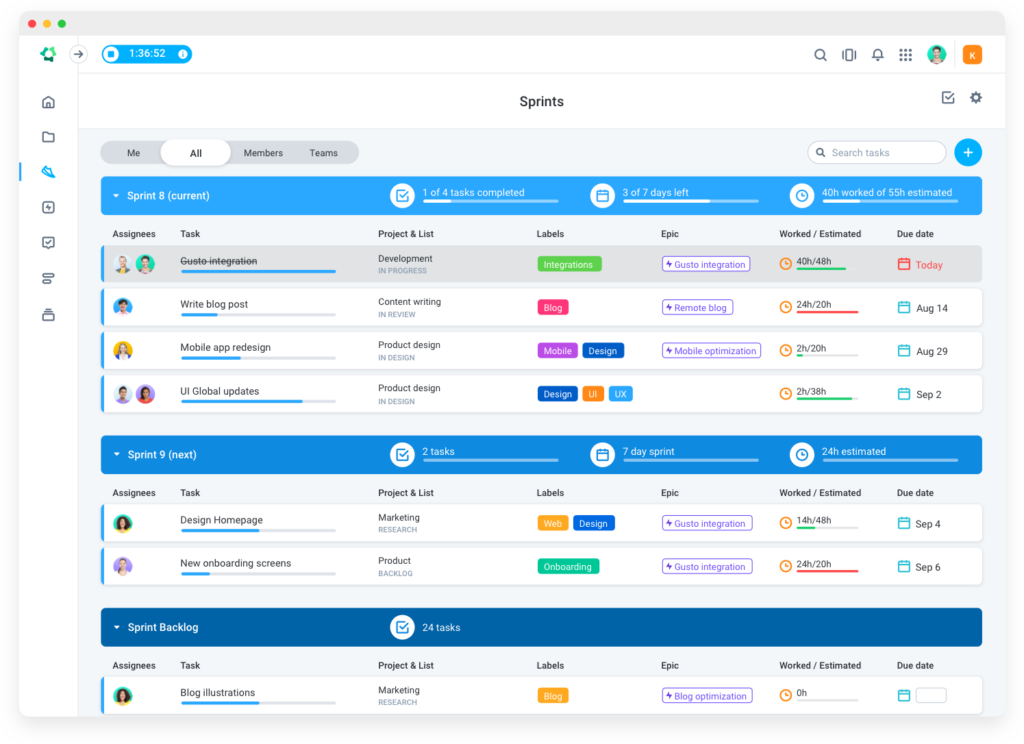 Hubstaff Tasks Sprint view