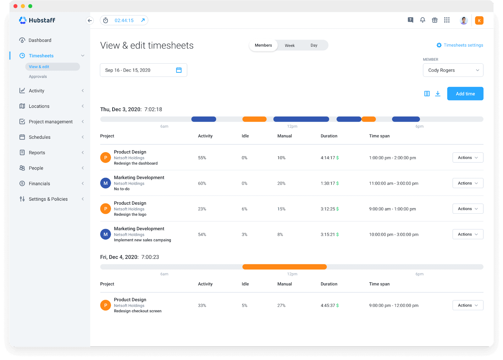 Hubstaff timesheets menu