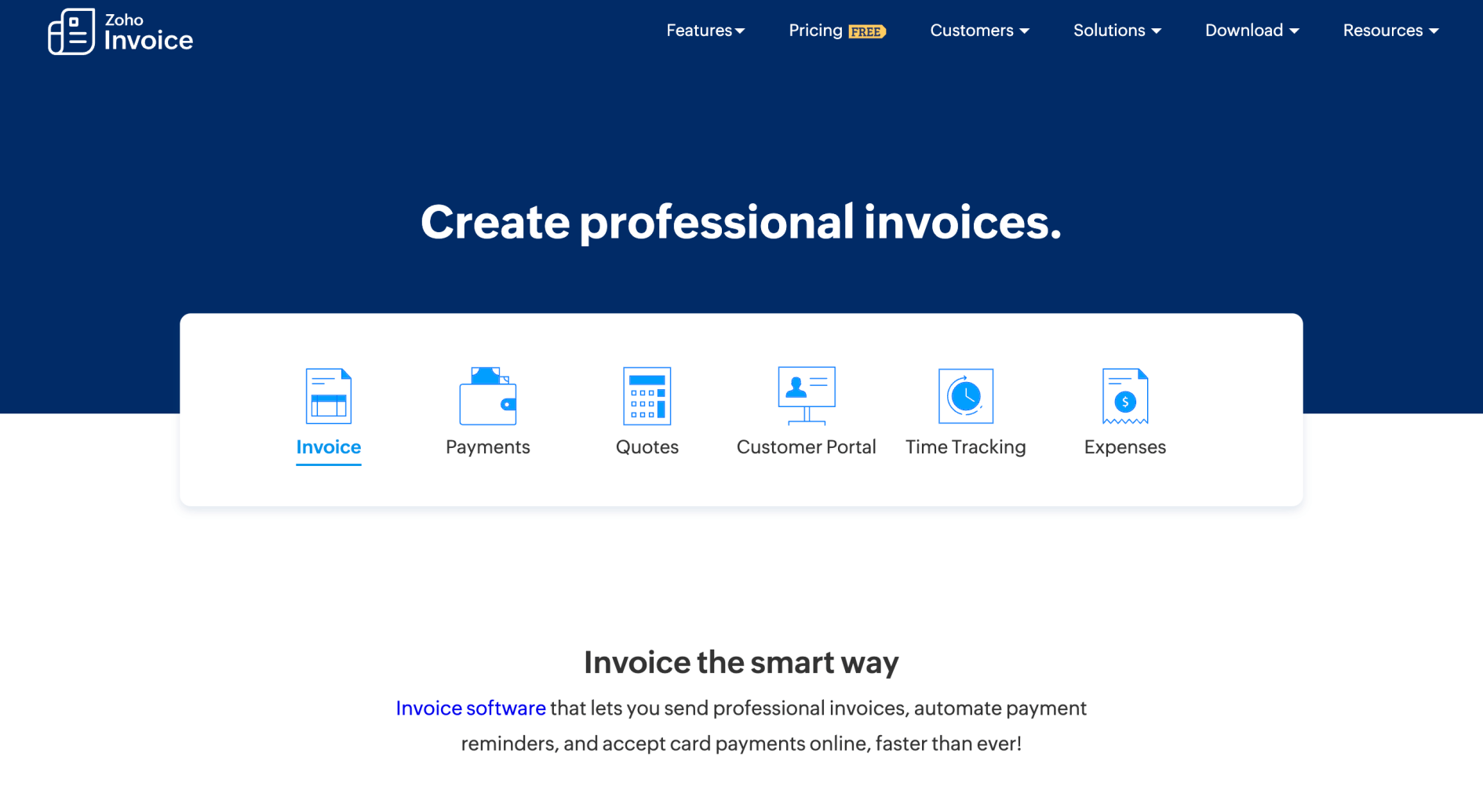 Zoho Invoice homepage